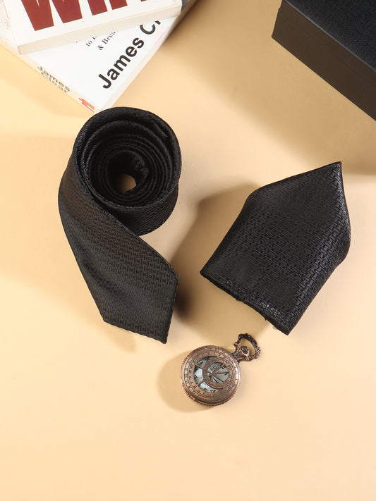 Kanthlangot Black Textured Necktie & Pocket Square Set