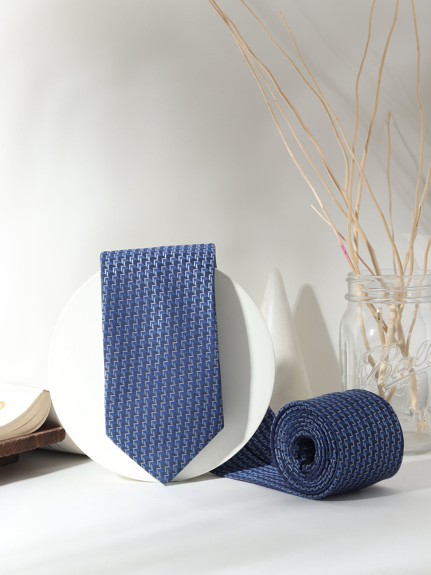 Kanthlangot Zigzag Navy Tie Gift Set with Pocket Square, Square Blue Cufflinks & Lapel Pin