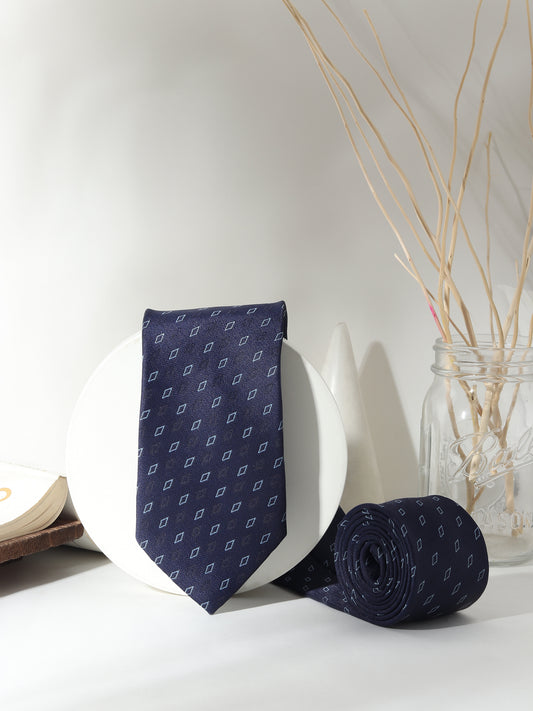 Kanthlangot Men’s Navy Blue Diamond Pattern Necktie – Elegant Geometric Design