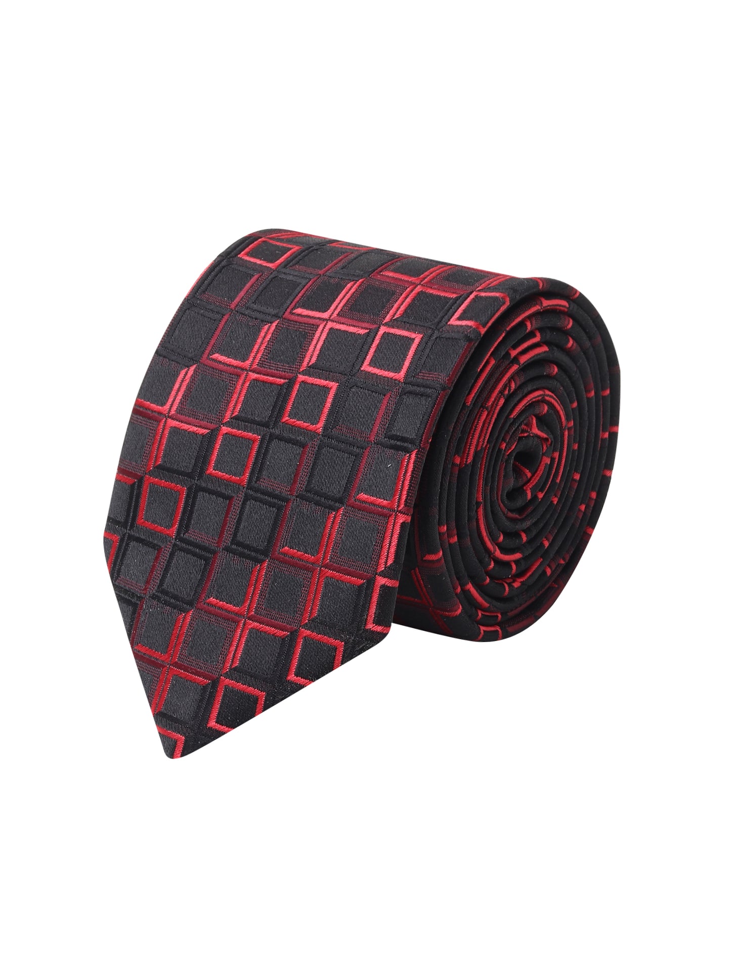 Kanthlangot Modern Woven Necktie – Black & Red Square Pattern