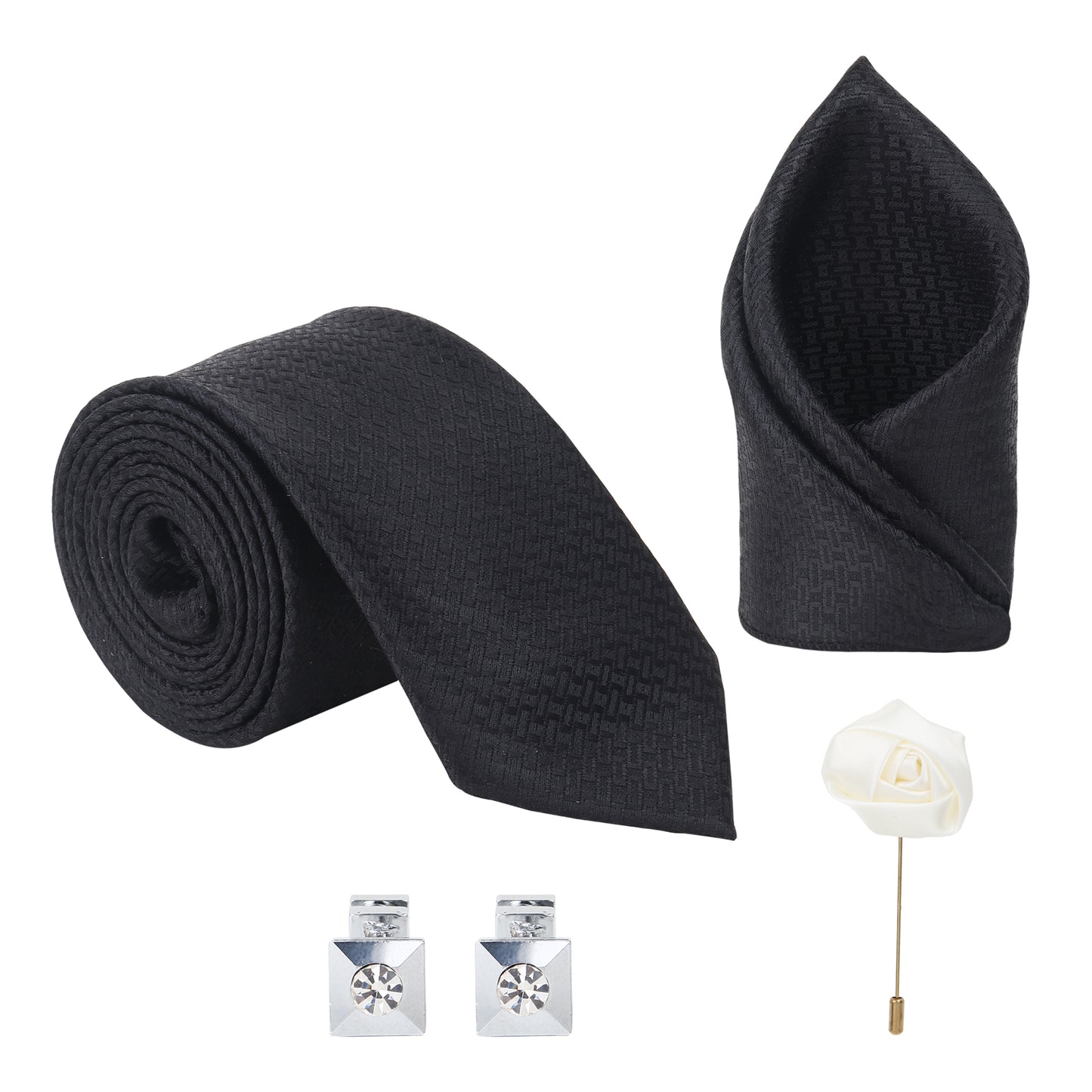 Kanthlangot Black Textured Tie, Pocket Square, Cufflinks & White Flower Lapel Pin Set (4-Piece Gift Box)