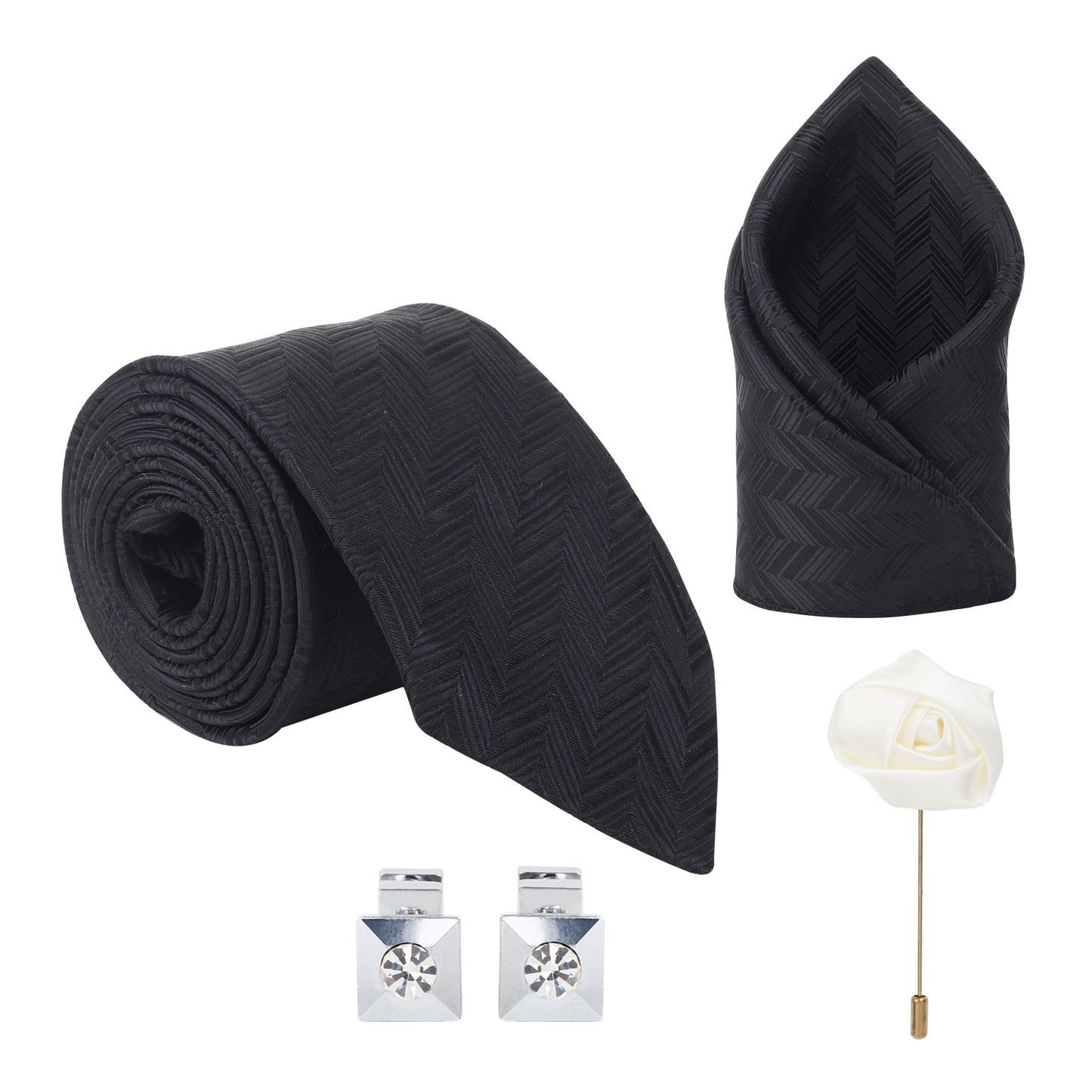 Kanthlangot Set of 4: Black Chevron Tie, Pocket Square, Crystal Cufflinks & White Lapel Pin in Gift Box