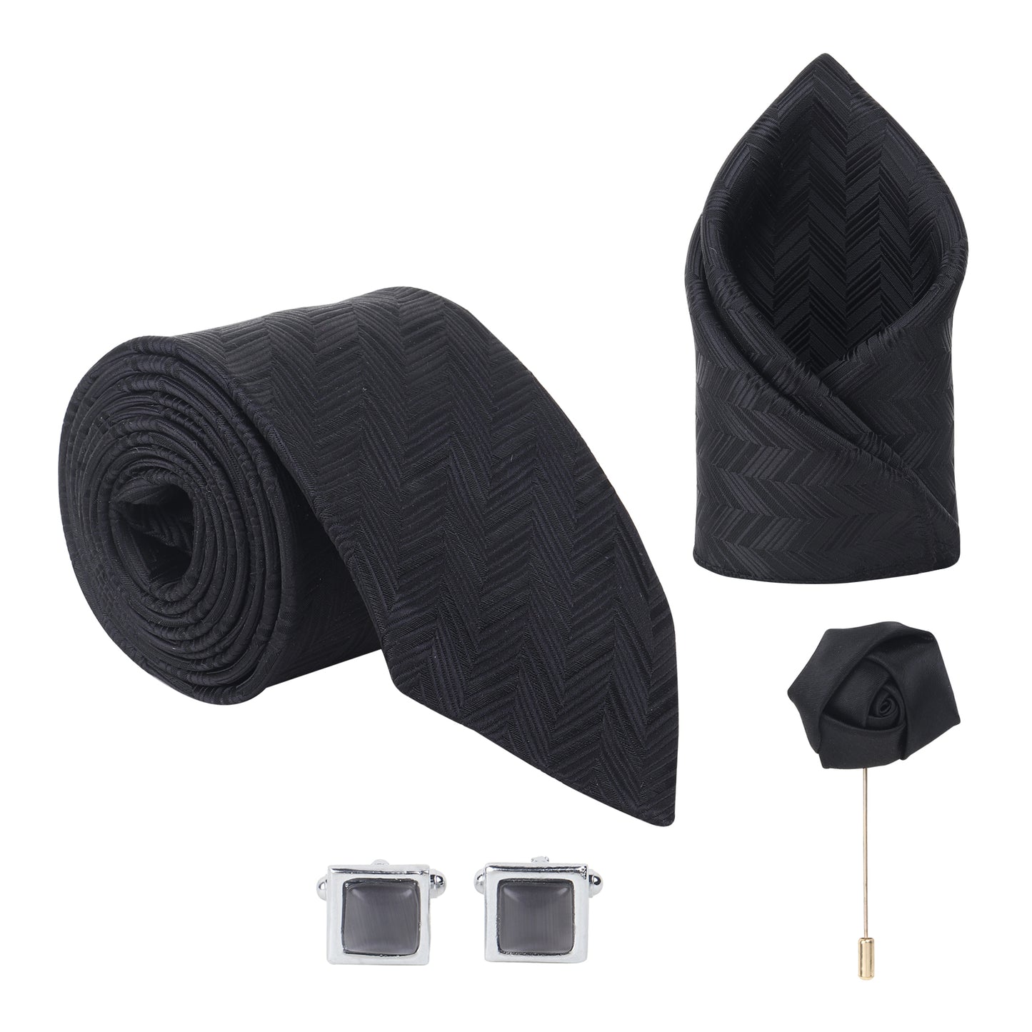 Kanthlangot Men’s Set of 4: Black Herringbone Tie, Pocket Square, Jet Cufflinks & Lapel Pin in Gift Box