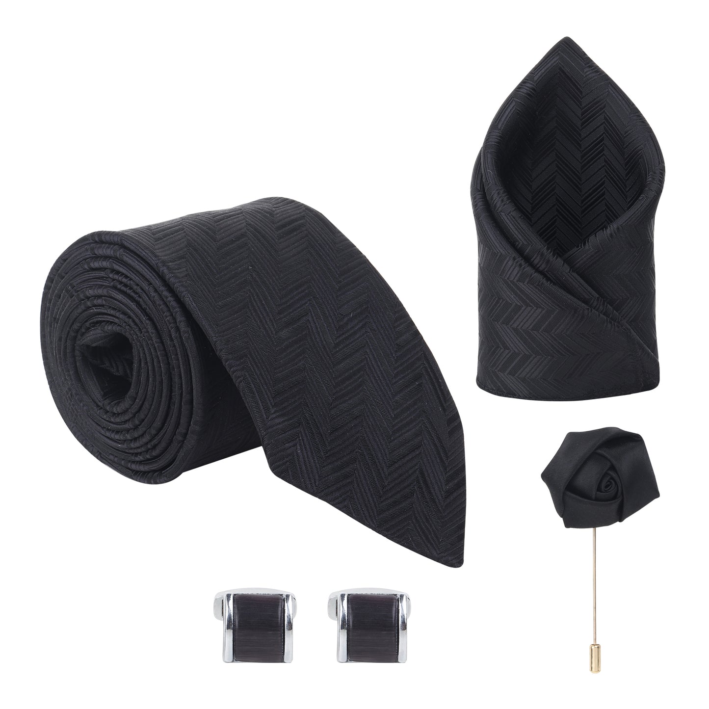 Kanthlangot Men’s Set of 4: Textured Black Tie, Pocket Square, Glossy Cufflinks & Lapel Pin in Gift Box
