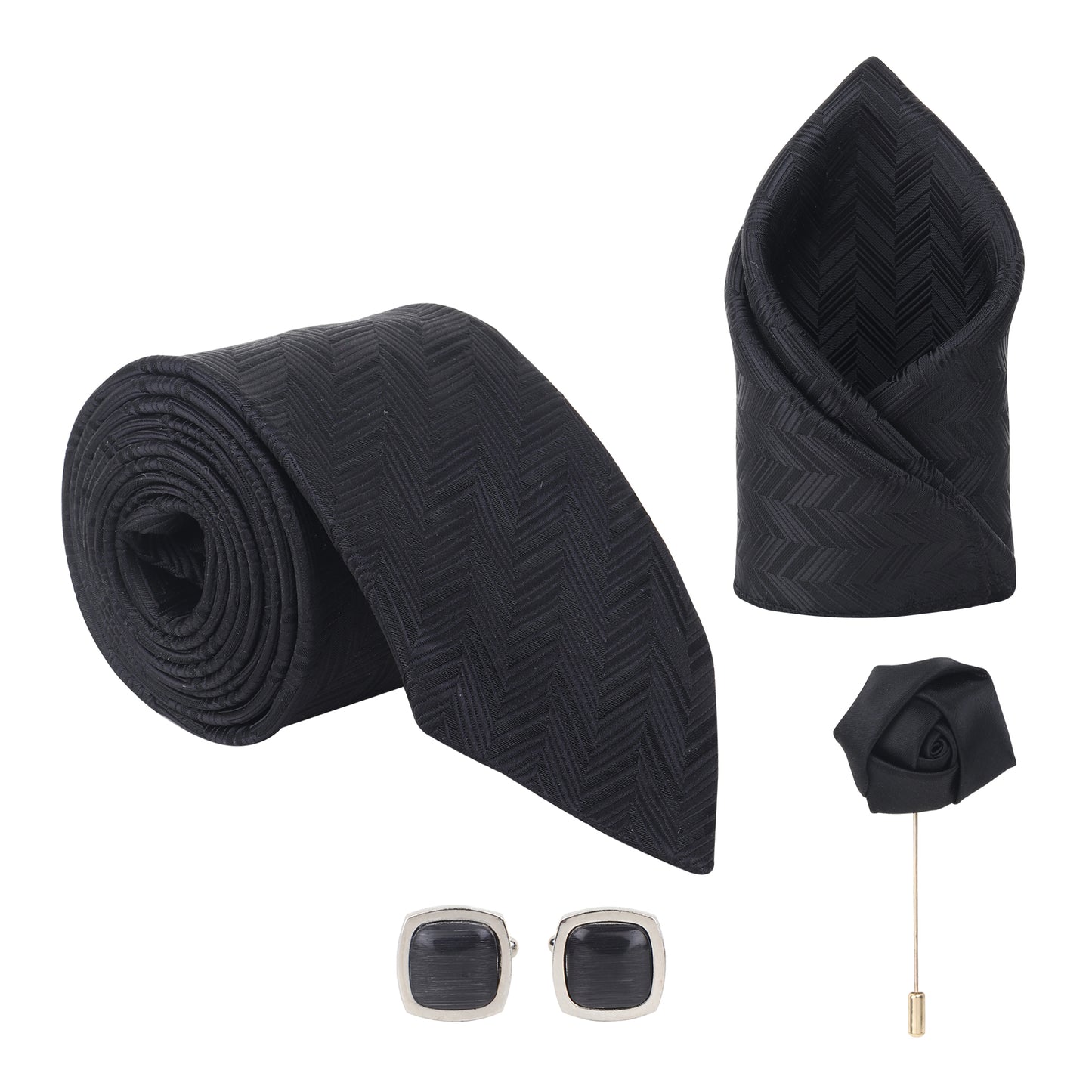 Kanthlangot Set of 4: Black Chevron Necktie, Pocket Square, Glossy Cufflinks & Lapel Pin in Gift Box