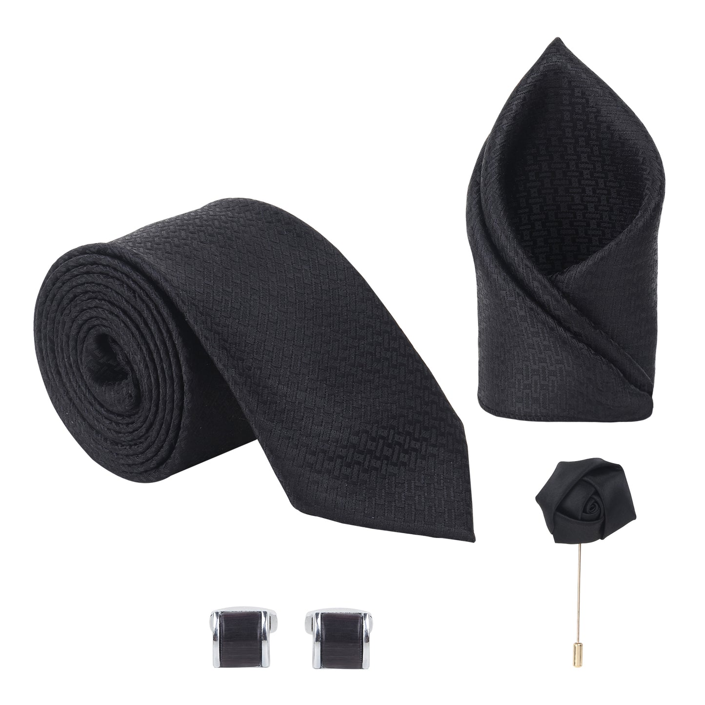 Kanthlangot Classic Jet Black Tie, Pocket Square, Rose Lapel Pin & Cufflinks Set (4-Piece Gift Box)