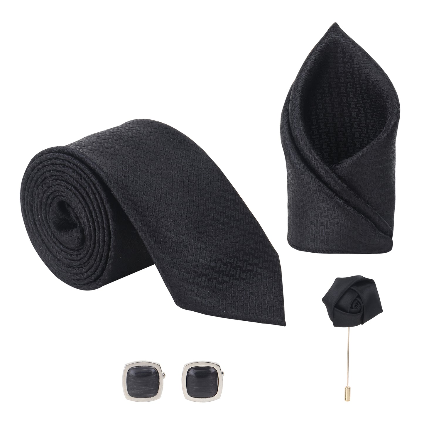 Kanthlangot Luxe Black Tie Set with Pocket Square, Rose Lapel Pin & Gunmetal Cufflinks – Signature 4-Piece Gift Box