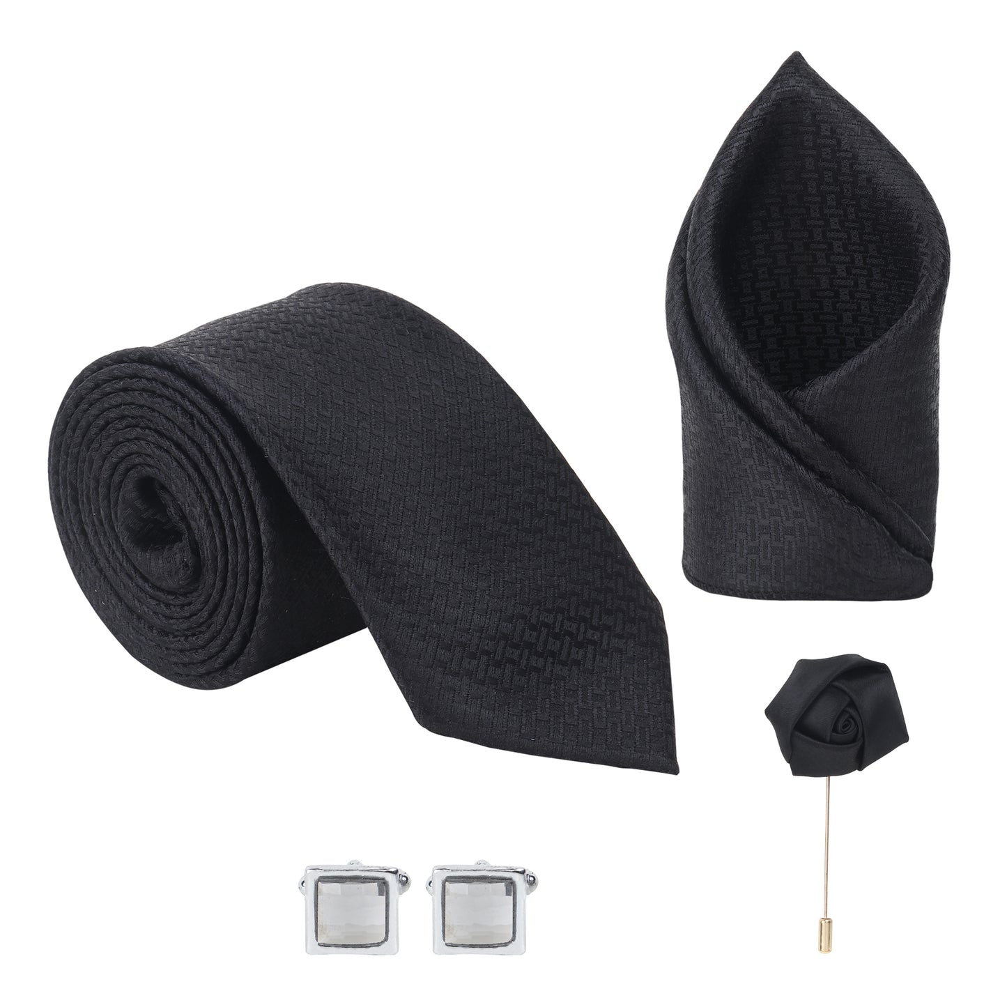 Kanthlangot Black Monogram Tie, Pocket Square, Cufflinks & Rose Lapel Pin Set (4-Piece Gift Box)