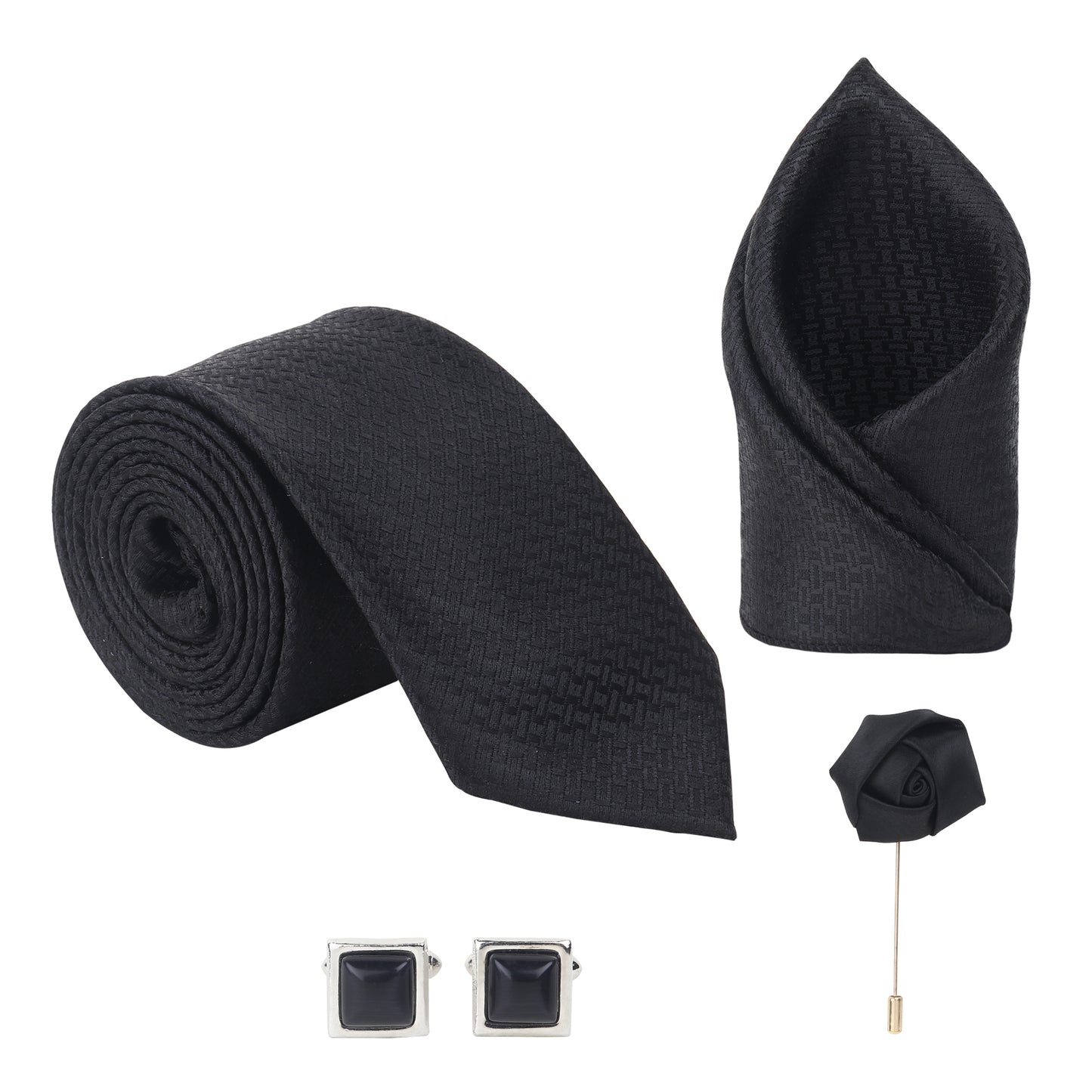 Kanthlangot Classic Black Tie Set with Pocket Square, Rose Lapel Pin & Onyx Cufflinks – Premium 4-Piece Gift Box