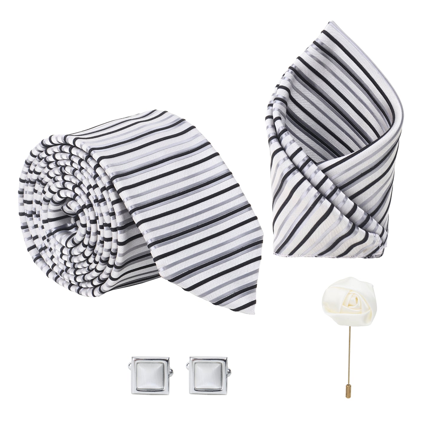 Kanthlangot Set of 4: Silver Stripe Tie, Pocket Square, Silver Cufflinks & White Lapel Rose