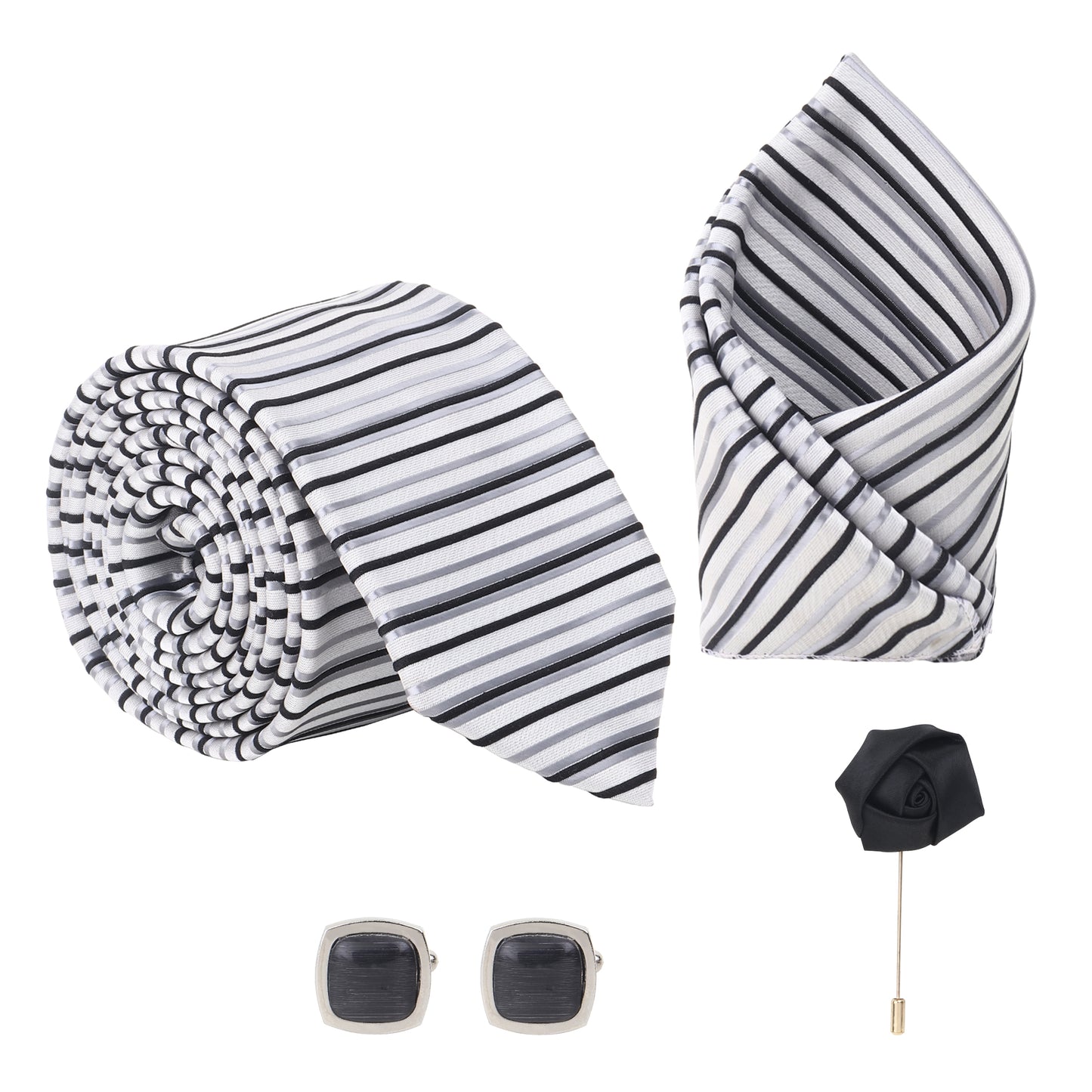 Kanthlangot Elegant Grey-Black Striped Necktie Set of 4 with Pocket Square, Cufflinks & Lapel Pin