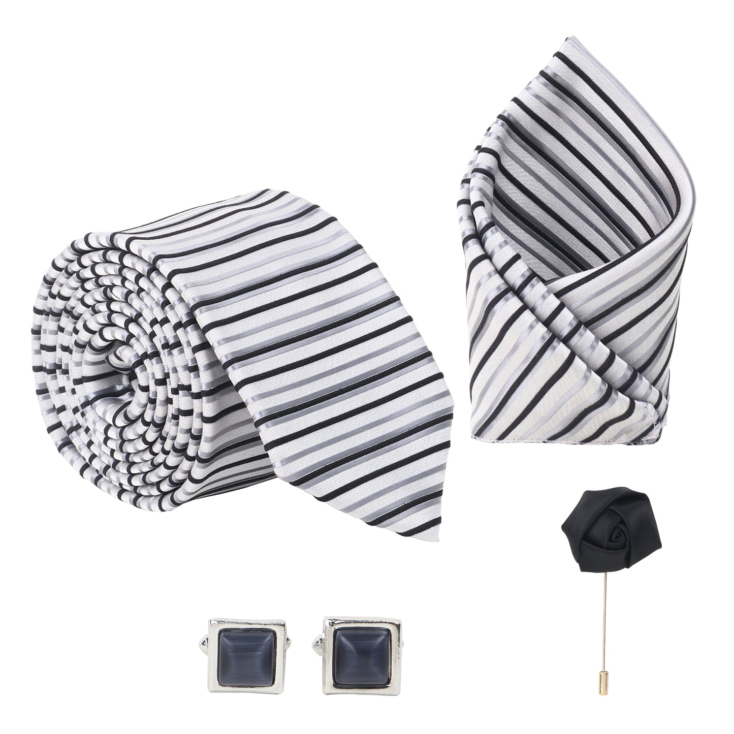 Kanthlangot Set of 4: striped tie, pocket square, black lapel pin & silver cufflinks. A gift-ready monochrome classic for the modern gentleman.