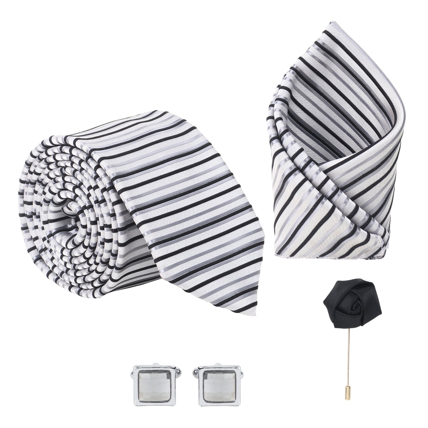 Kanthlangot Set of 4: White-Grey Striped Tie, Pocket Square, Black Lapel Pin & Crystal Cufflinks in Gift Box