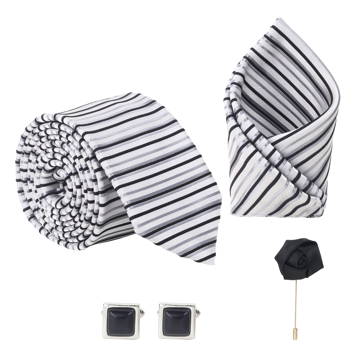 Kanthlangot Grey-White Striped Necktie Gift Set – Set of 4 with Pocket Square, Cufflinks & Black Lapel Pin