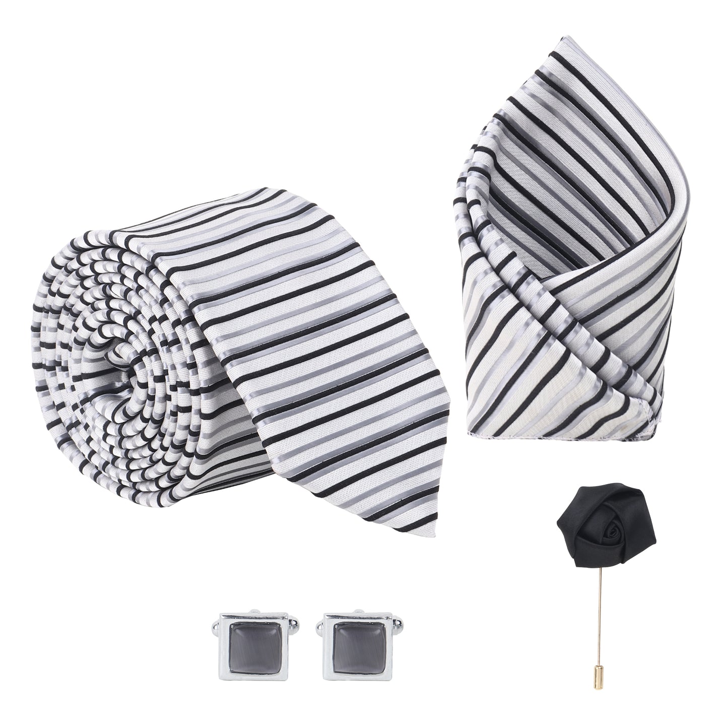 Kanthlangot Set of 4: White-Grey Striped Tie, Pocket Square, Black Lapel Pin & Jet Black Cufflinks in Gift Box