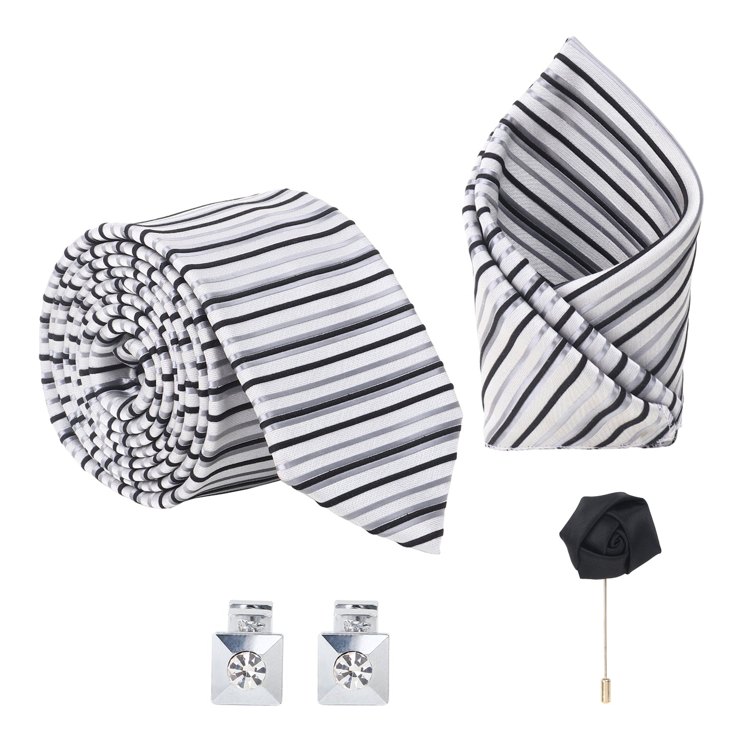 Kanthlangot Set of 4: striped tie, pocket square, black lapel pin & metallic black cufflinks. Gift-ready, stylish, and modern for every occasion.