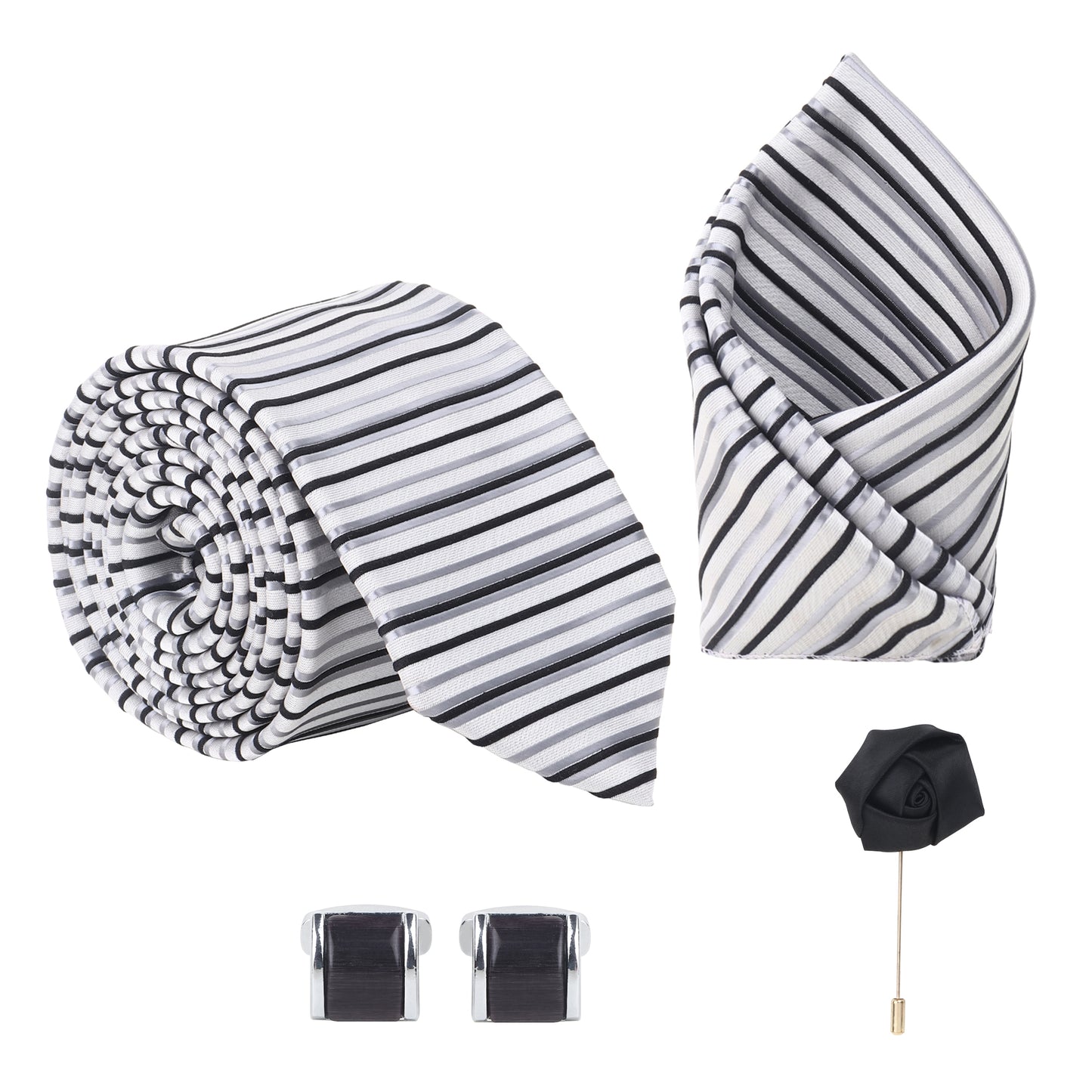 Kanthlangot Set of 4: White-Grey Striped Tie, Pocket Square, Black Lapel Pin & Metallic Black Cufflinks in Gift Box