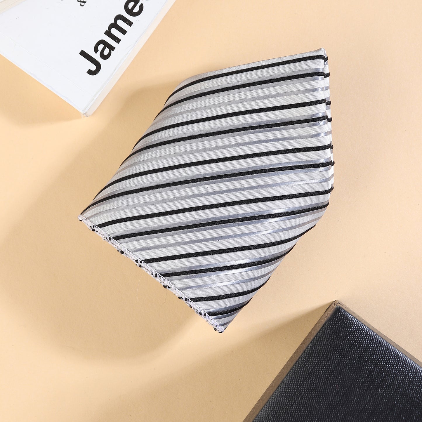 Kanthlangot Men’s 3-Piece Formal Set – Striped Tie, Pocket Square & Silver Crystal Cufflinks (3-Inch Necktie)