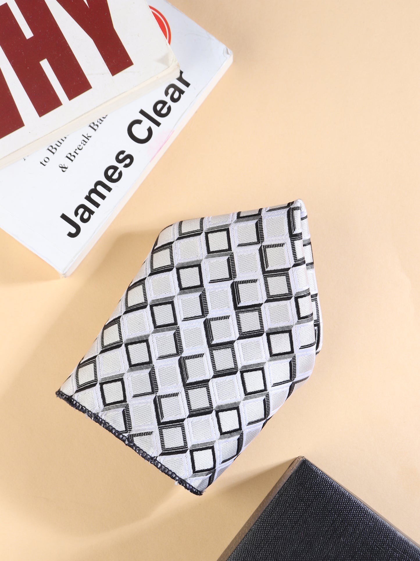 Kanthlangot geometric tie set with pocket square & black stone cufflinks. Stylish, premium set perfect for weddings, business, and gifting.