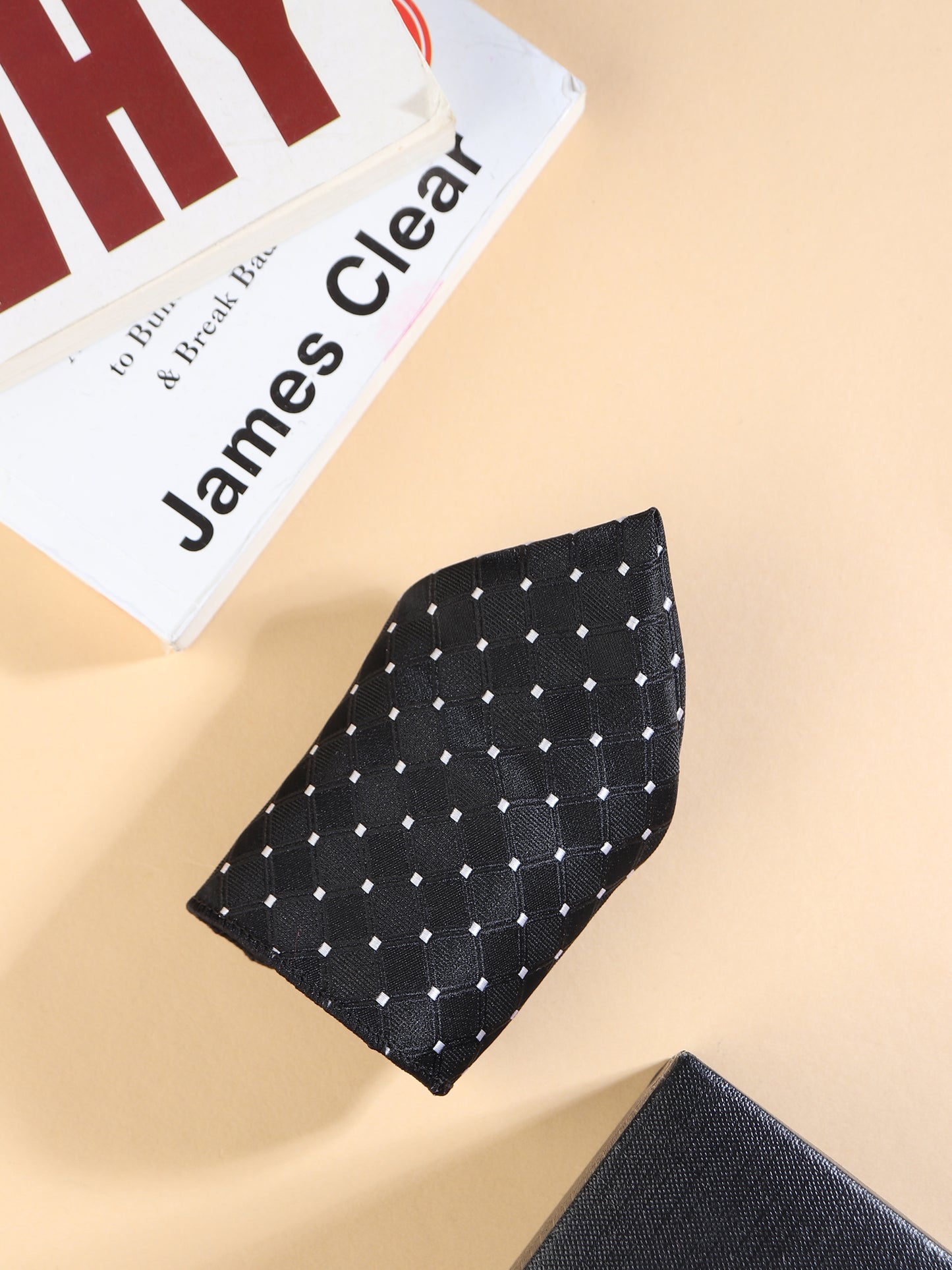 Kanthlangot Men’s 3-Piece Formal Set – Black Dot-Grid Tie, Pocket Square & Grey Cat’s Eye Cufflinks (3-Inch Necktie)