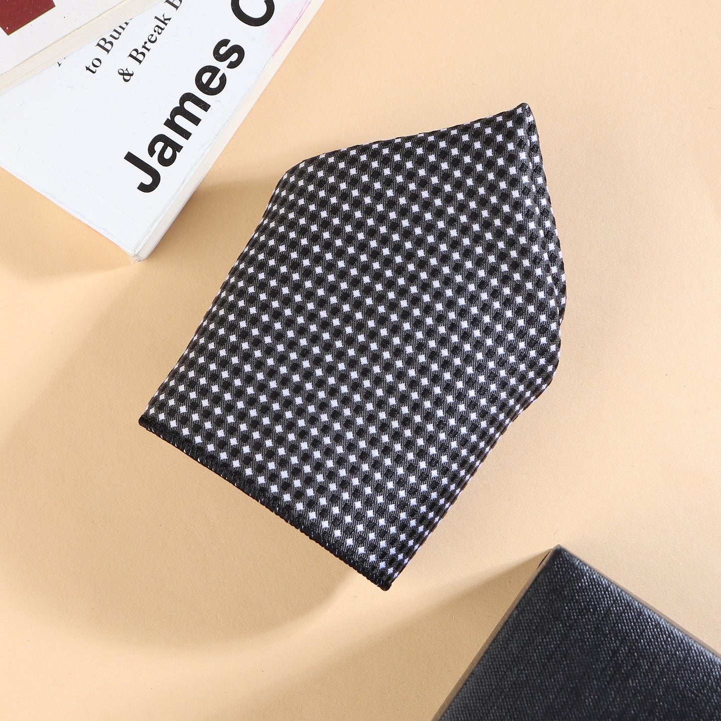 Kanthlangot Men’s 3-Piece Formal Set – Black Micro-Check Tie, Pocket Square & Silver Crystal Cufflinks (3-Inch Necktie)