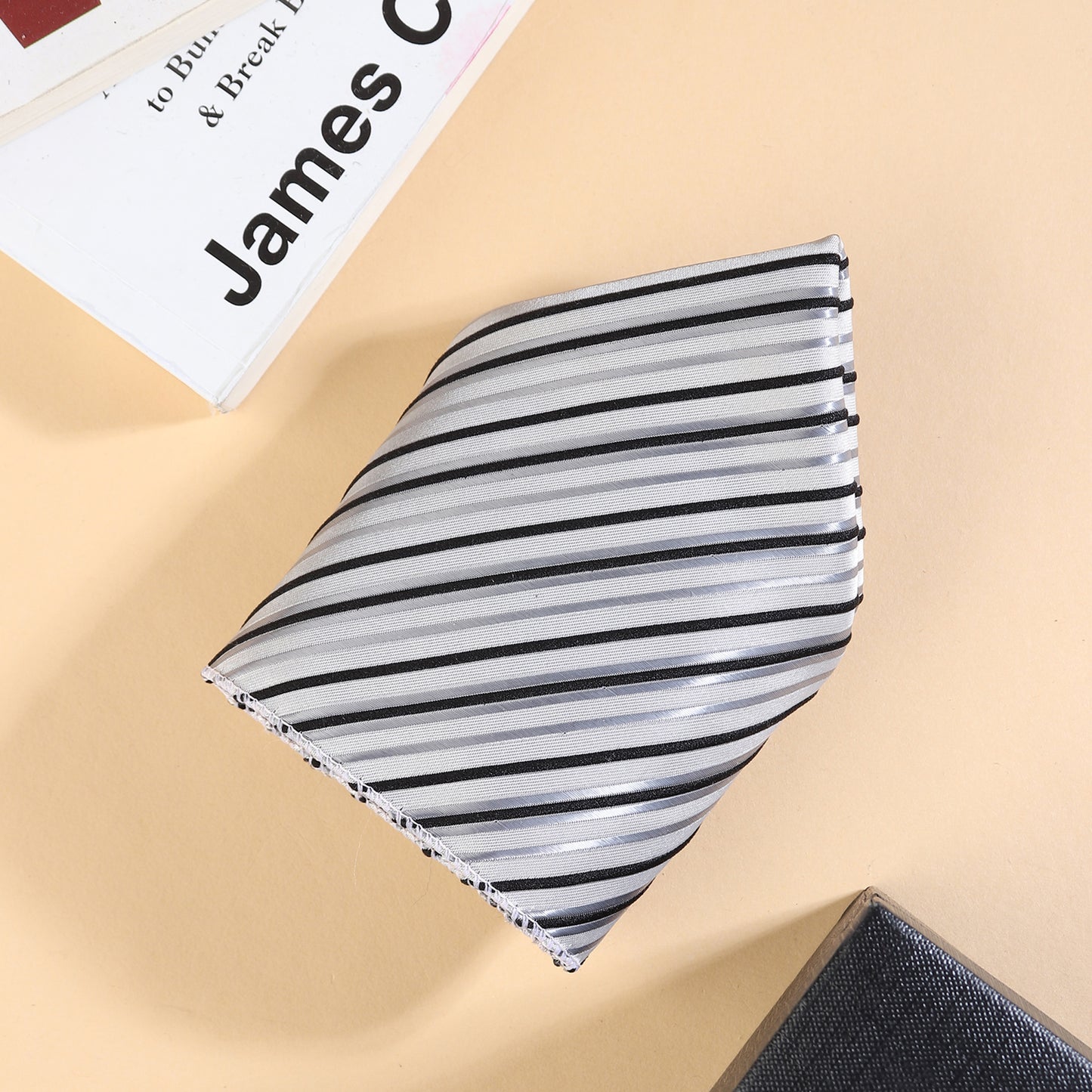 Kanthlangot Men’s Formal Set – White Grey Black Striped Tie, Pocket Square & Black Stone Cufflinks (3-Inch Necktie)