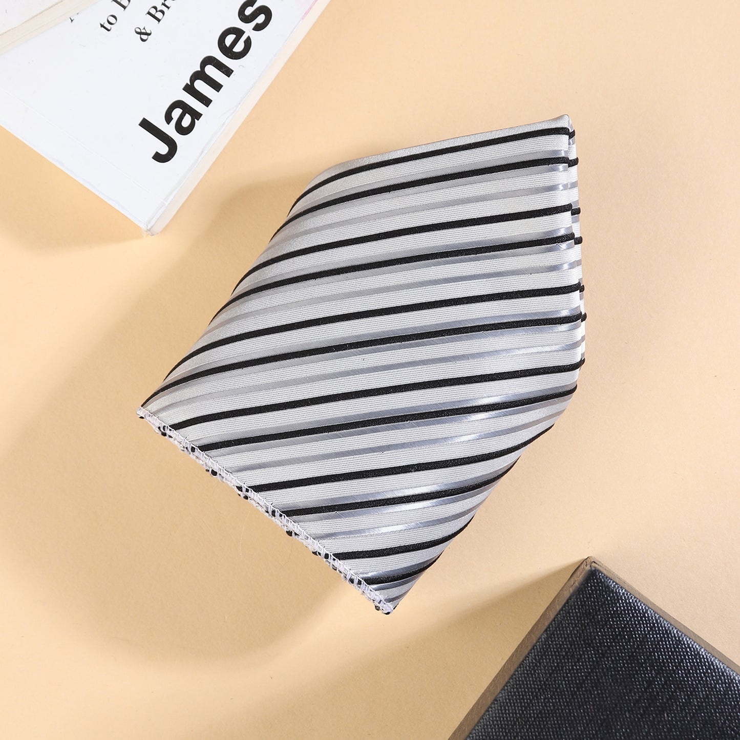 Kanthlangot men’s striped tie set with matching pocket square & silver cufflinks with black stone. Perfect for weddings, office, and elegant gifting.