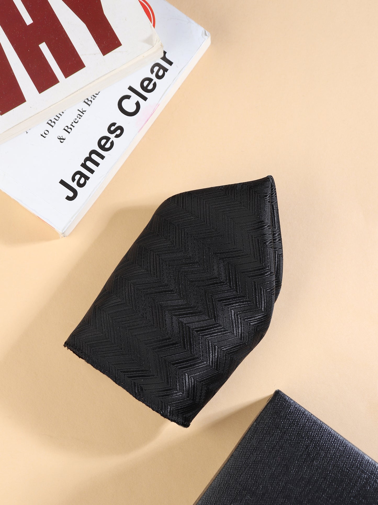 Kanthlangot Men’s 3-Piece Formal Set – Black Herringbone Tie, Pocket Square & Rectangular Black Cufflinks (3-Inch Necktie)