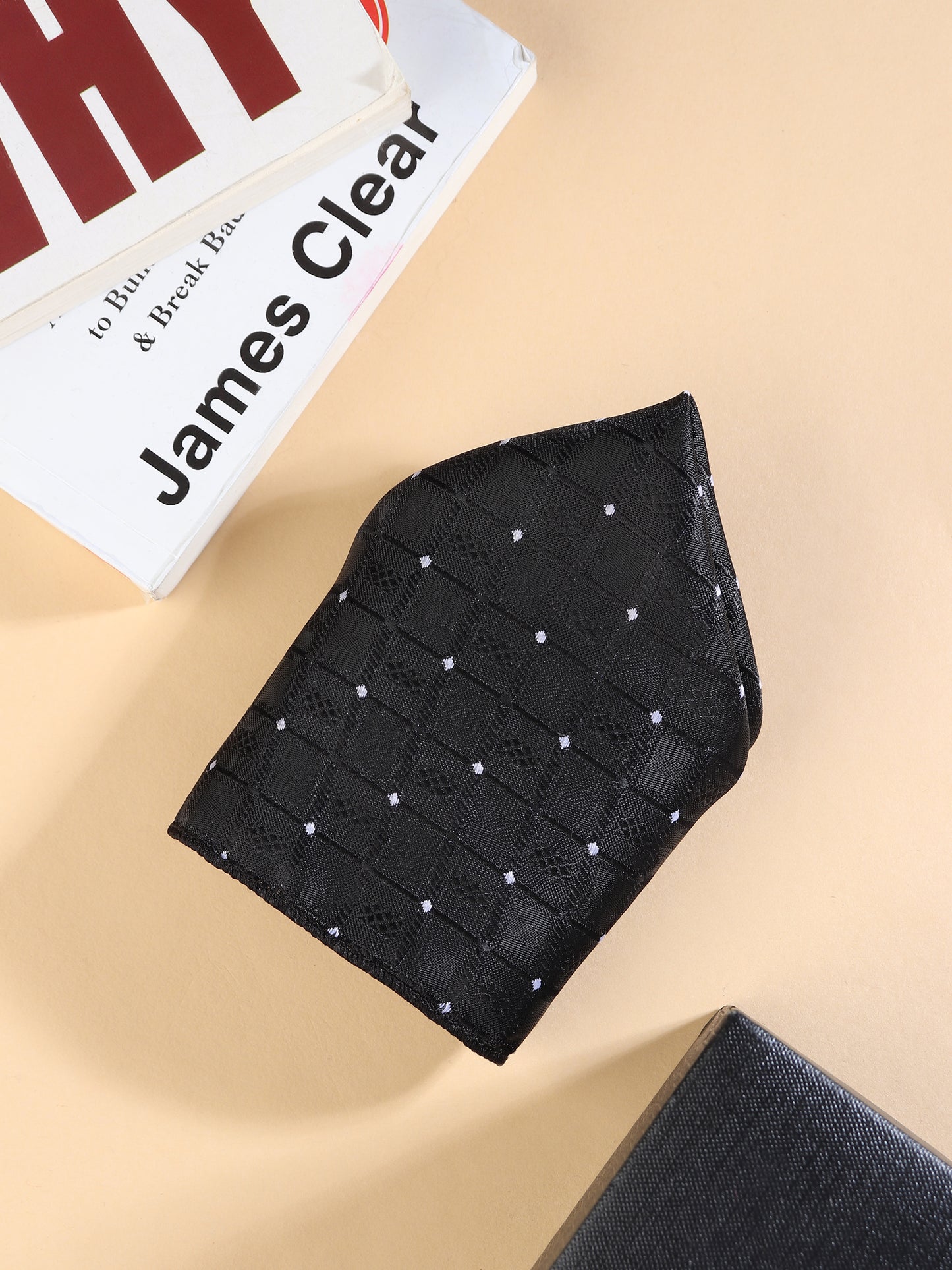 Kanthlangot black diamond pattern tie set with pocket square & rectangular black cufflinks. Elegant, detailed, and made for standout formals.