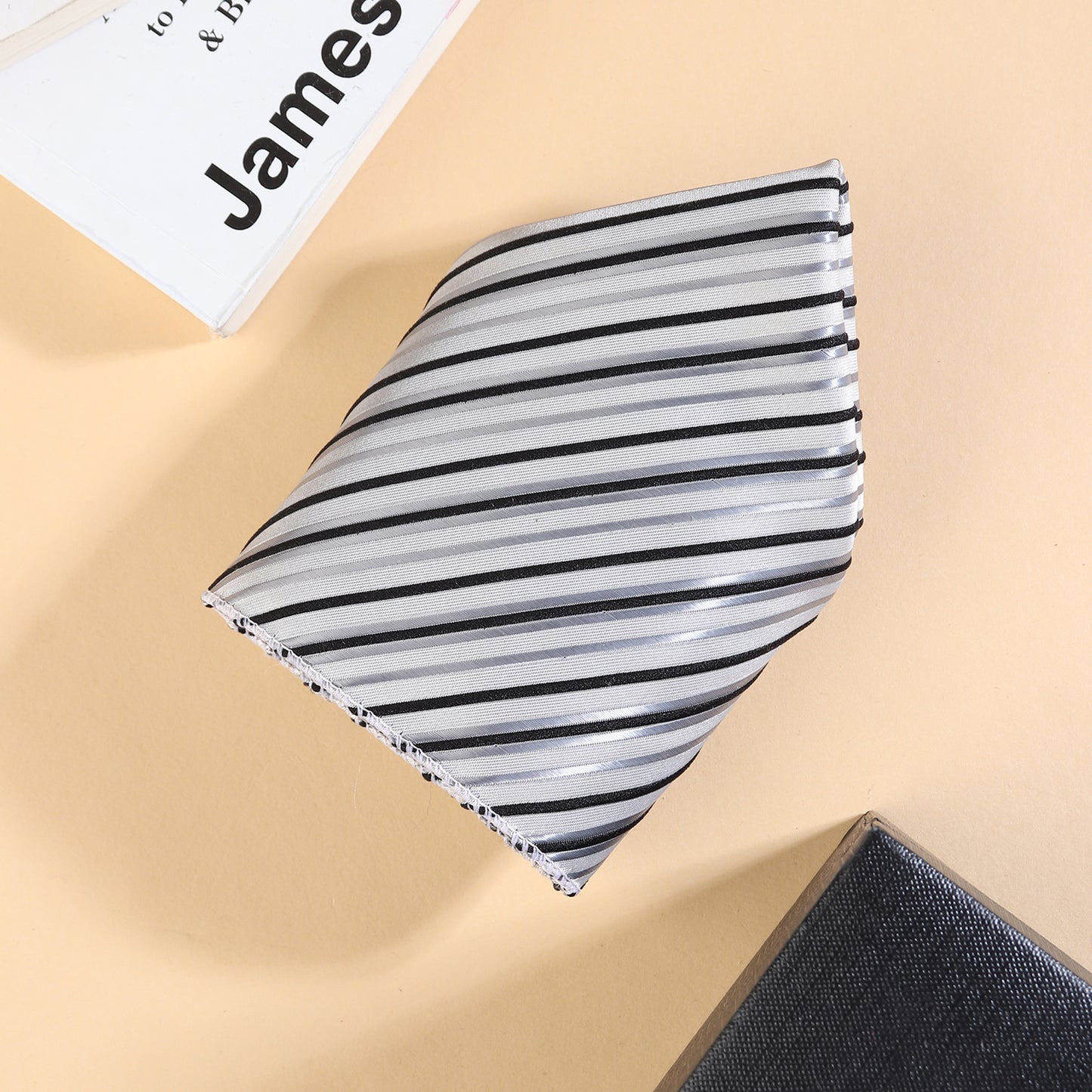 Kanthlangot Men’s 3-Piece Formal Set – White Grey Black Striped Tie, Pocket Square & Light Silver Cufflinks (3-Inch Necktie)
