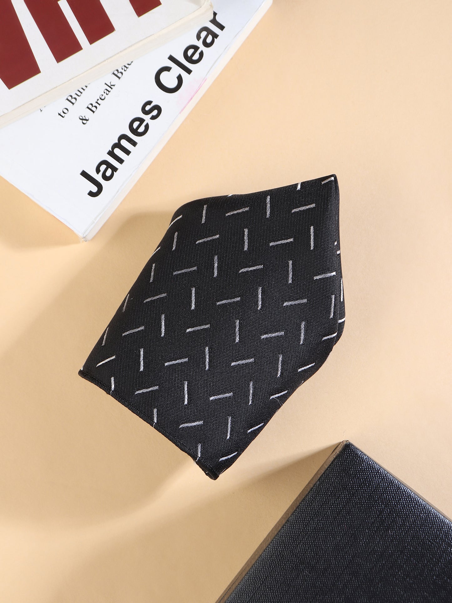 Kanthlangot Men’s 3-Piece Formal Set – Black Dash Pattern Tie, Pocket Square & Dark Silver Cufflinks (3-Inch Necktie)