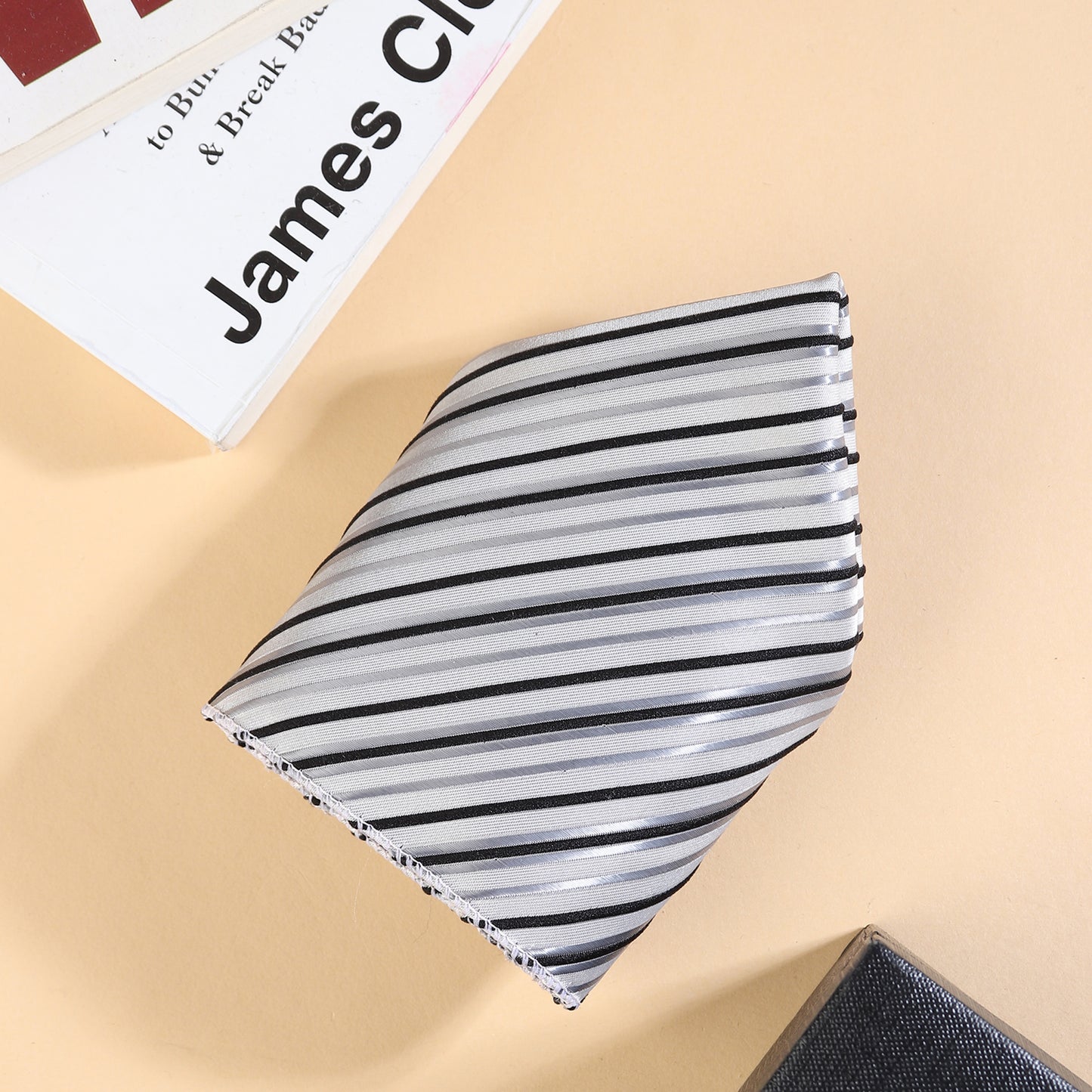 Kanthlangot men’s striped tie set with pocket square & silver crystal cufflinks. Ideal for weddings, corporate events, and sophisticated gifting.