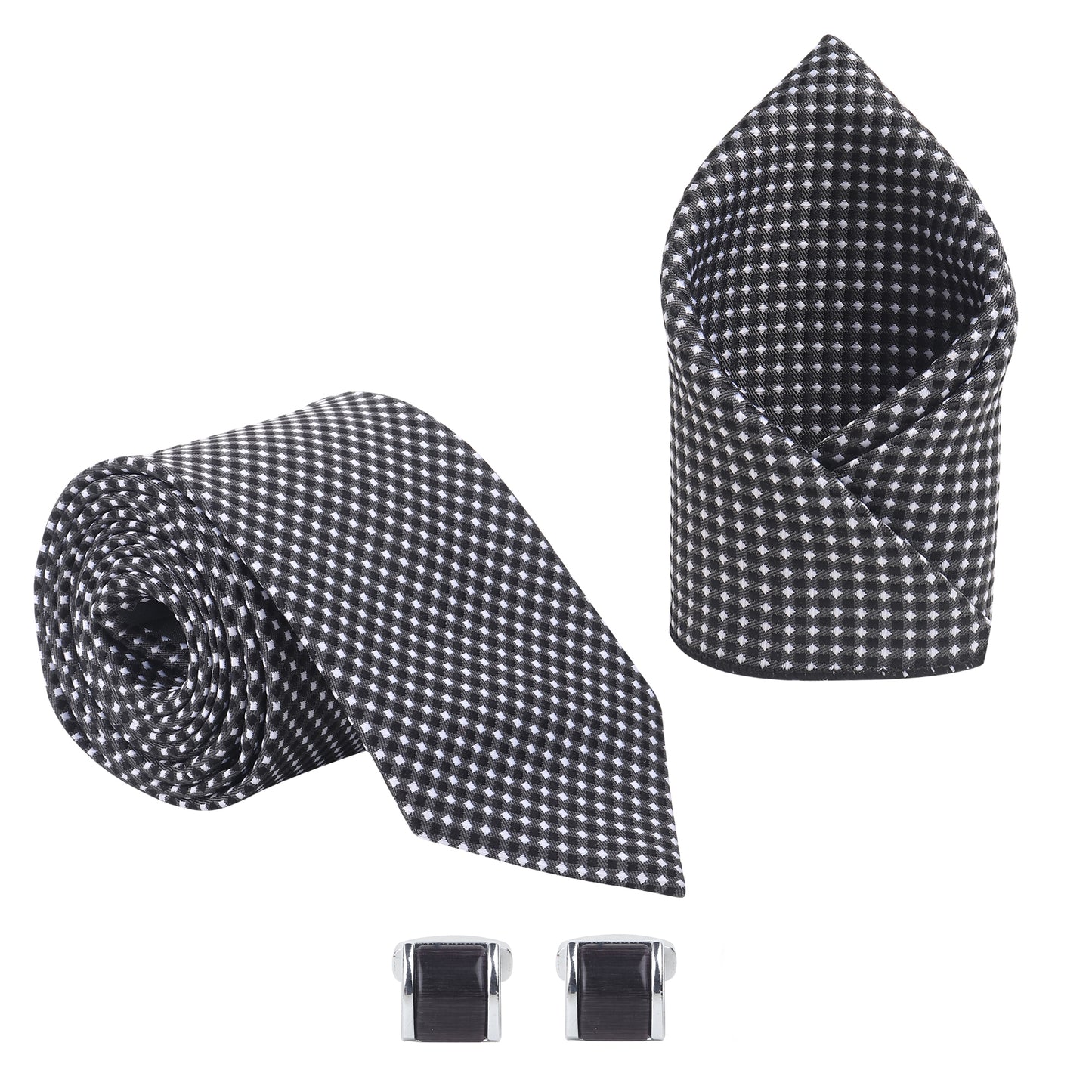 Kanthlangot Men’s 3-Piece Set – Micro-Check Black Tie, Pocket Square & Cufflinks (3-Inch Necktie)