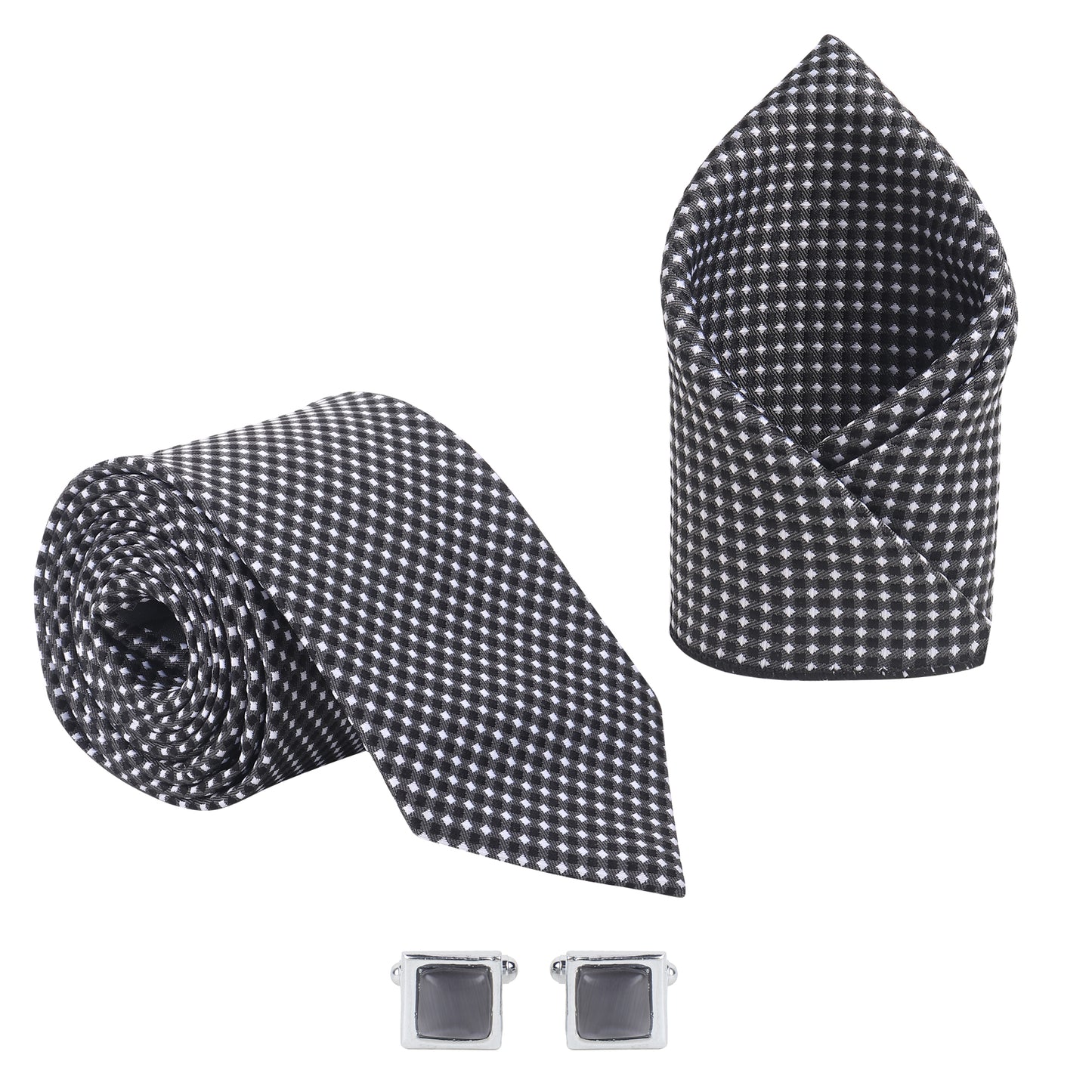 Kanthlangot Men’s Tie Set – Black & White Checkered Tie, Pocket Square & Dark Silver Cufflinks