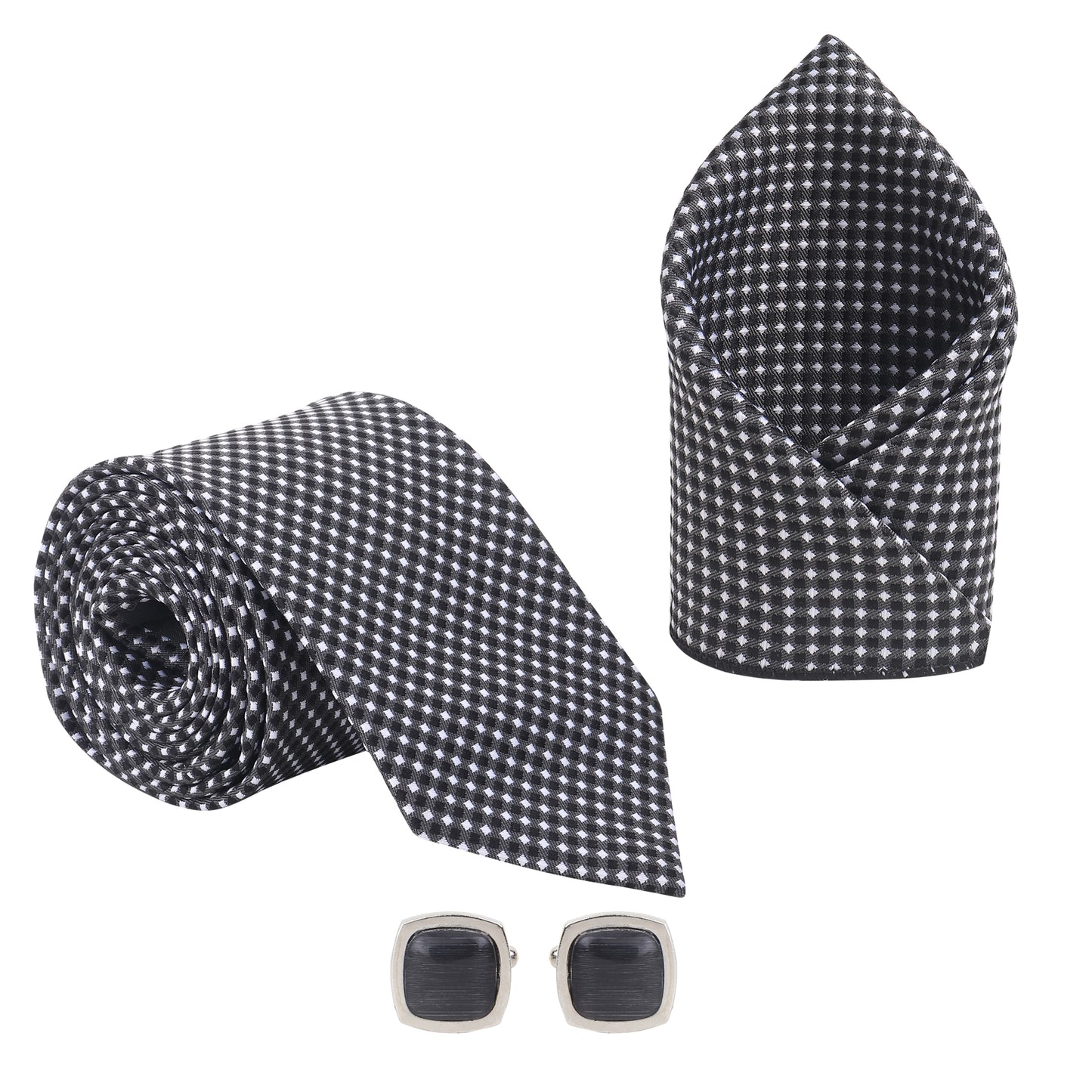 Kanthlangot Men’s 3-Piece Formal Set – Black Micro-Check Tie, Pocket Square & Rounded Stone Cufflinks (3-Inch Necktie)