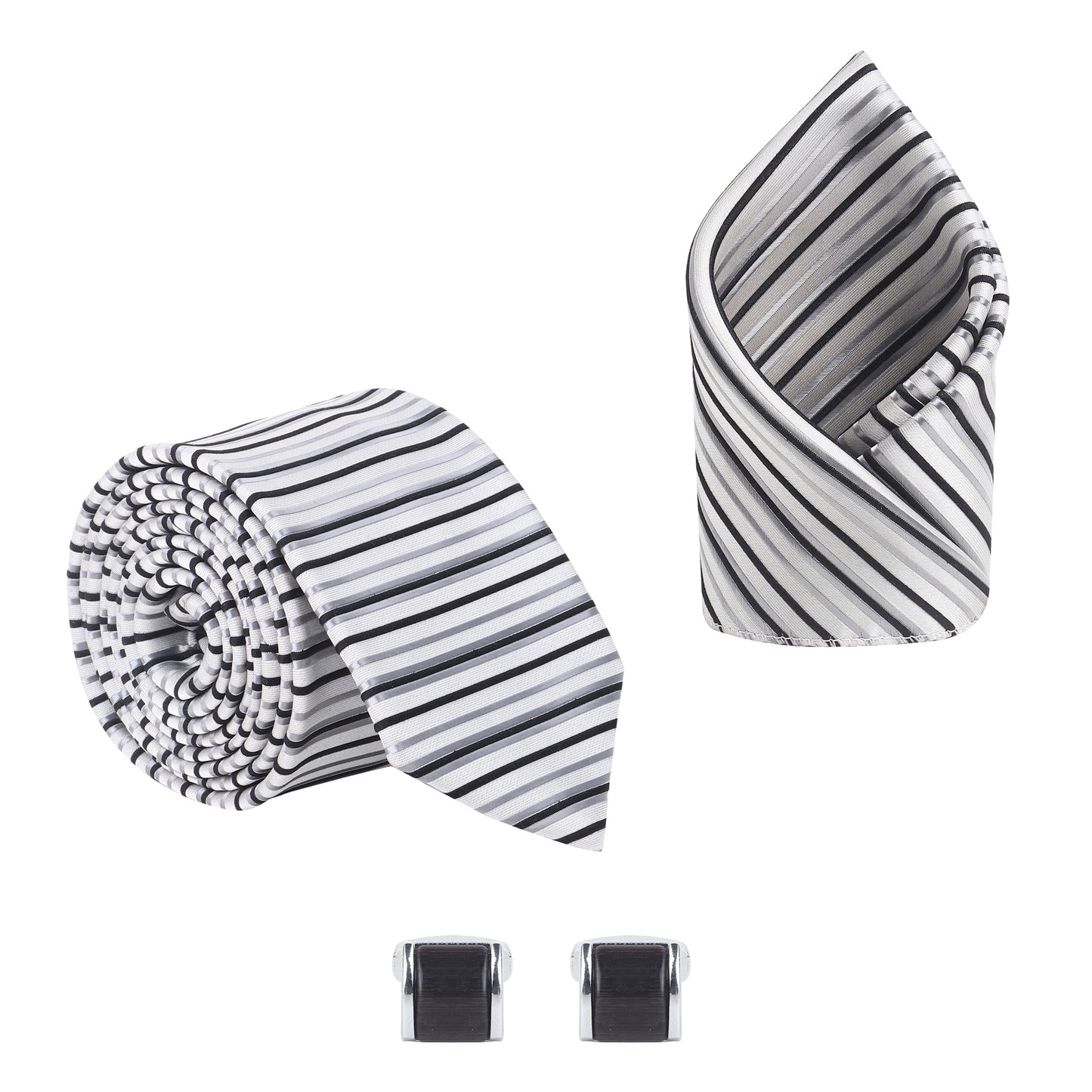 Kanthlangot Men’s 3-Piece Formal Set – Striped White, Grey & Black Tie, Pocket Square & Silver Cufflinks (3-Inch Necktie)