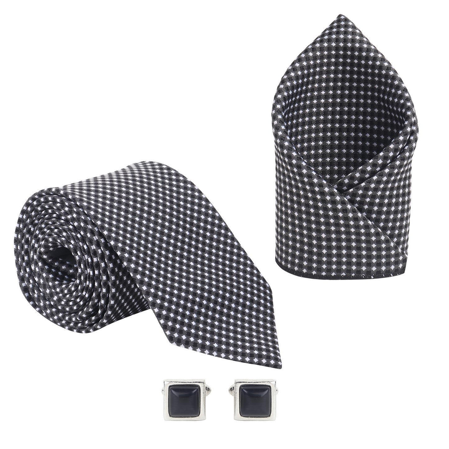 Kanthlangot Men’s 3-Piece Formal Set – Black Micro-Check Tie, Pocket Square & Premium Black Stone Cufflinks (3-Inch Necktie)