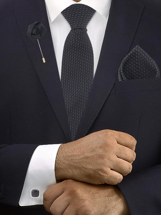 Kanthlangot Black Microdash Tie Set with Pocket Square, Cufflinks & Lapel Pin – Gift Set of 4 for Men