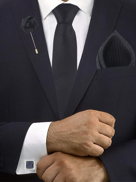 Kanthlangot Black Textured Tie, Pocket Square, Rose Lapel Pin & Midnight Blue Cufflinks Set (4-Piece Gift Box)