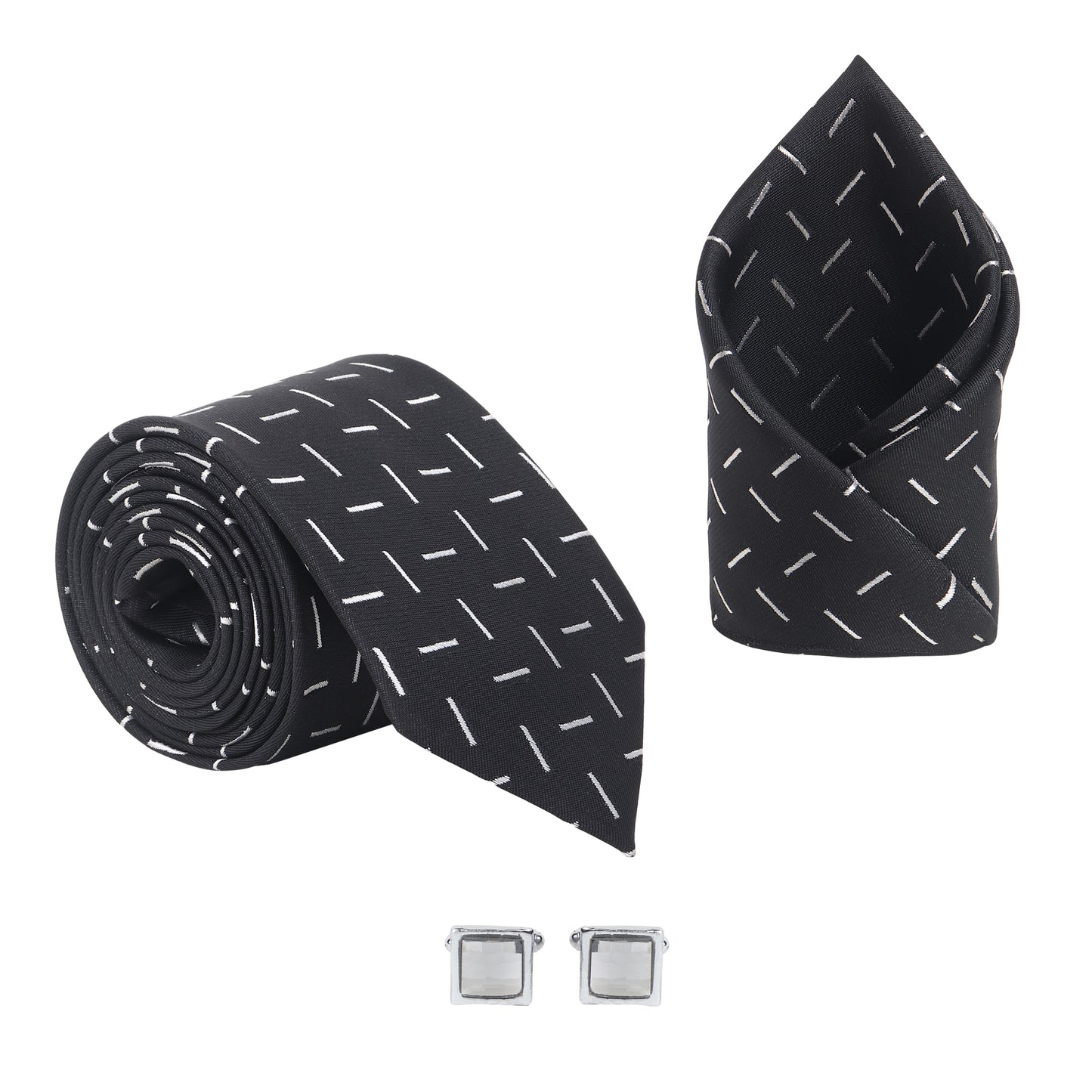 Kanthlangot Men’s 3-Piece Formal Set – Black Dash Tie, Pocket Square & Light Stone Cufflinks (3-Inch Necktie)