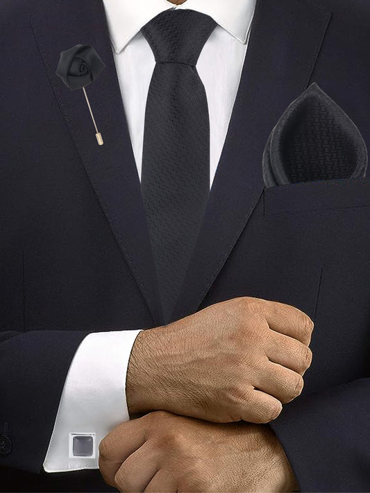 Discover Kanthlangot’s 4-piece black monogram tie set with pocket square, rose lapel pin, and crystal cufflinks—perfect for weddings, gifting, and formal wear.