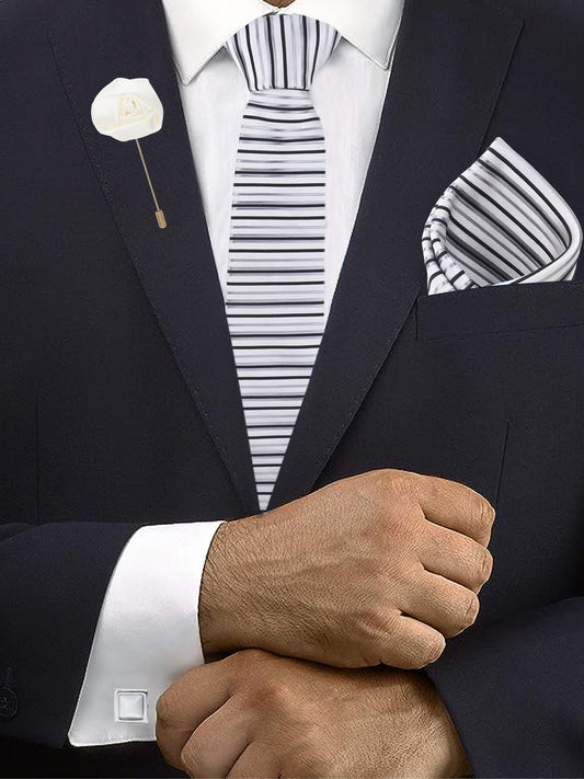 Kanthlangot Set of 4: Silver Stripe Tie, Pocket Square, Silver Cufflinks & White Lapel Rose