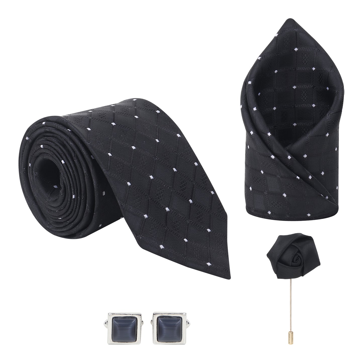 Kanthlangot Set of 4: Black Textured Necktie, Pocket Square, Smoky Cufflinks & Black Lapel Pin in Gift Box