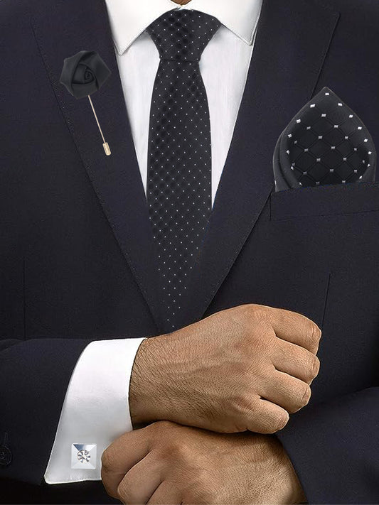 Kanthlangot Black Circle-Texture Tie Set with Silver Cufflinks, Pocket Square & Lapel Pin – Premium Gift Box