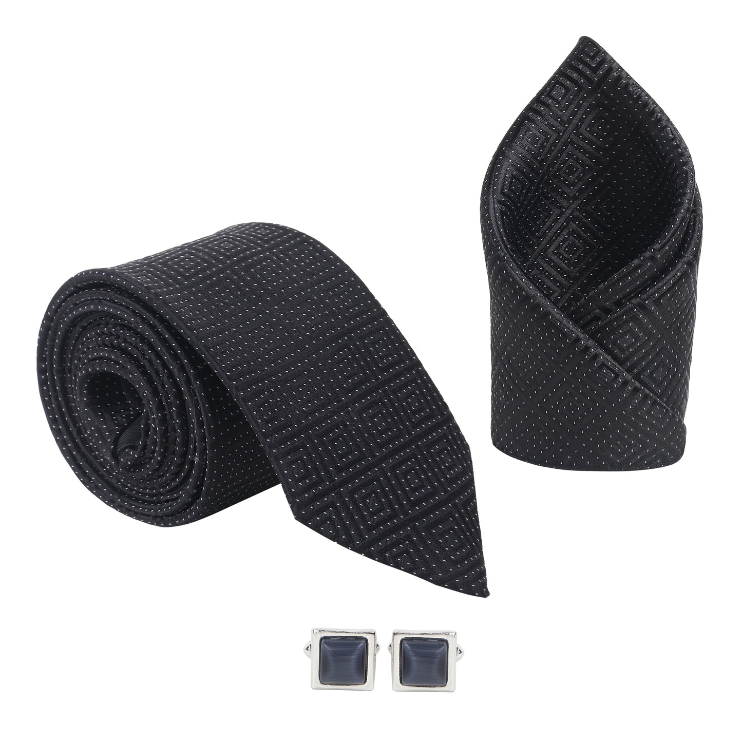 Kanthlangot Men’s 3-Piece Formal Set – Black Maze-Pattern Tie, Pocket Square & Grey Cat’s Eye Cufflinks (3-Inch Necktie)