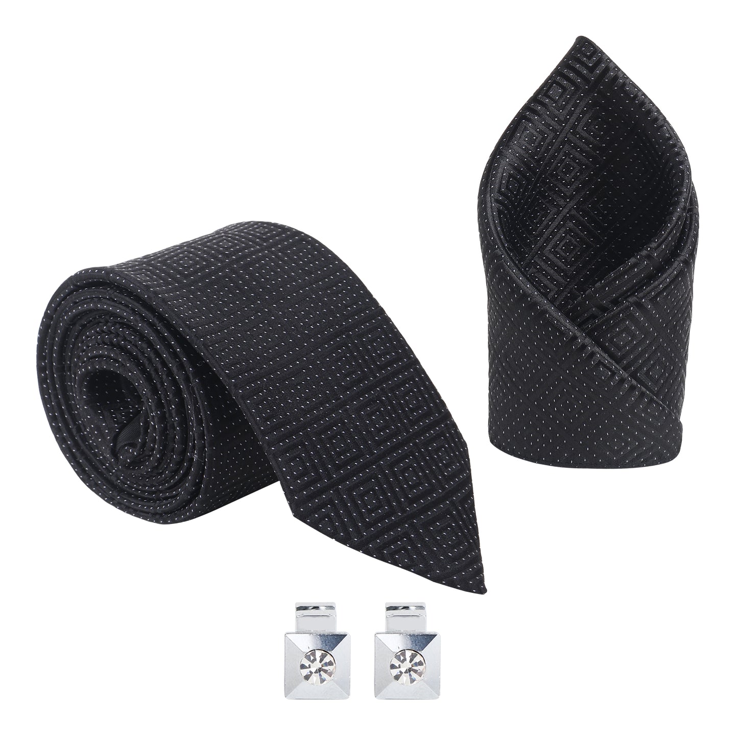 Kanthlangot Men’s 3-Piece Formal Set – Black Maze-Pattern Tie, Pocket Square & Crystal Pyramid Cufflinks (3-Inch Necktie)