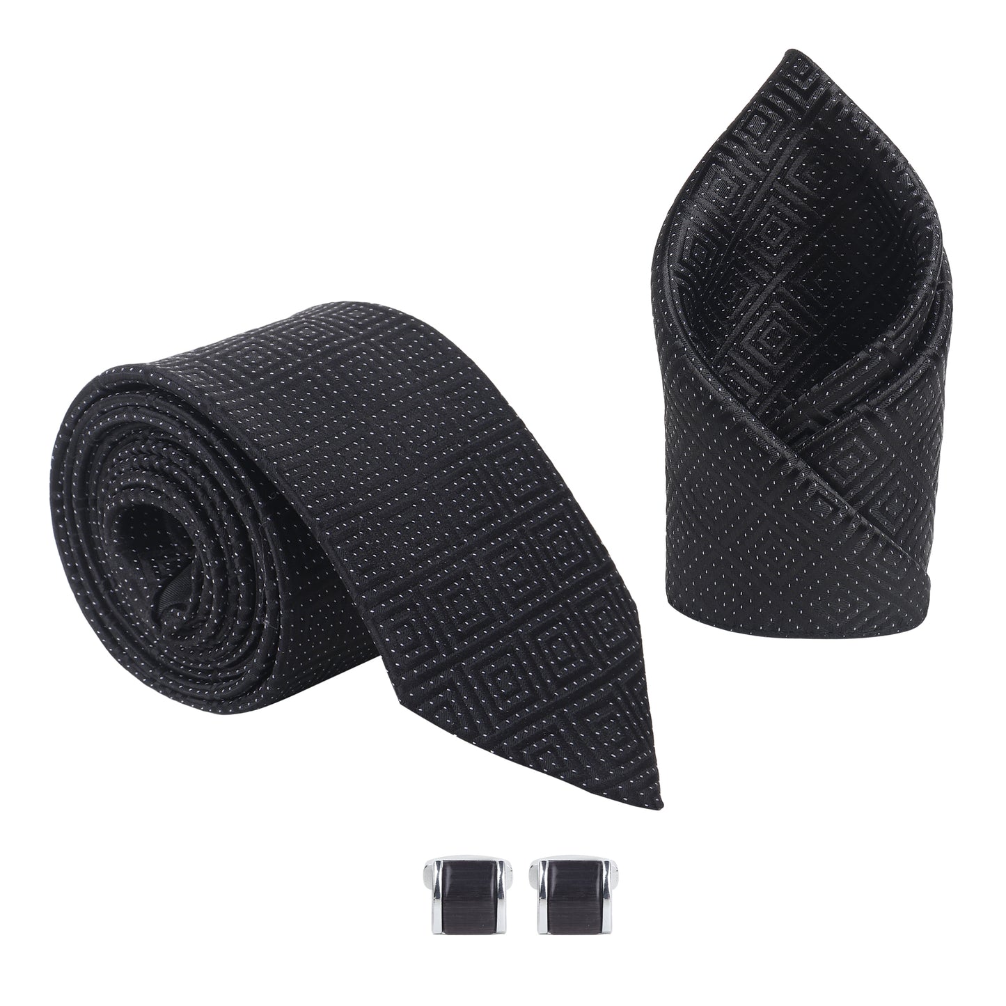Kanthlangot Men’s 3-Piece Formal Set – Black Maze-Pattern Tie, Pocket Square & Rectangular Dark Cufflinks (3-Inch Necktie)