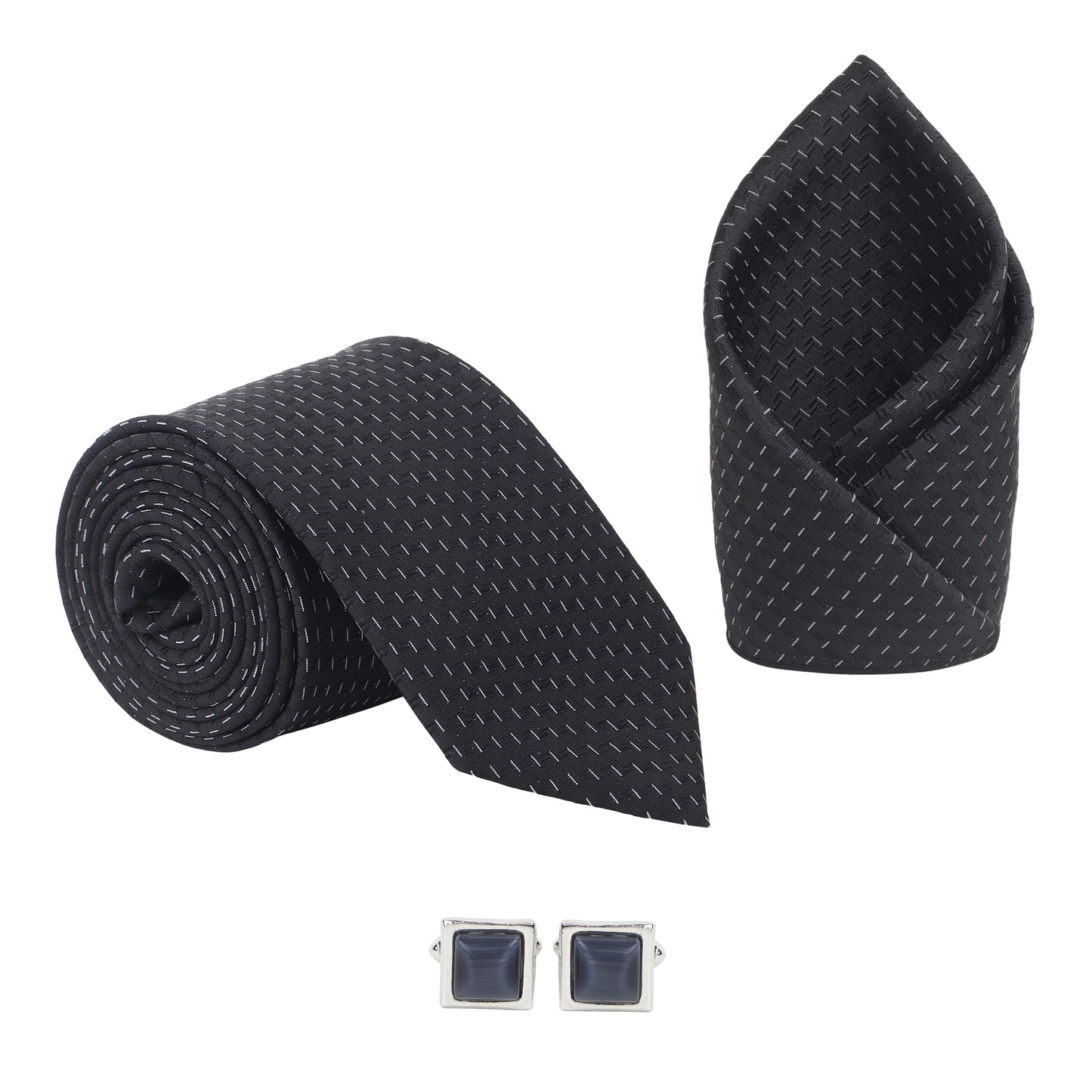 Kanthlangot Men’s 3-Piece Formal Set – Black Micro-Dash Tie, Pocket Square & Grey Cat’s Eye Cufflinks (3-Inch Necktie)