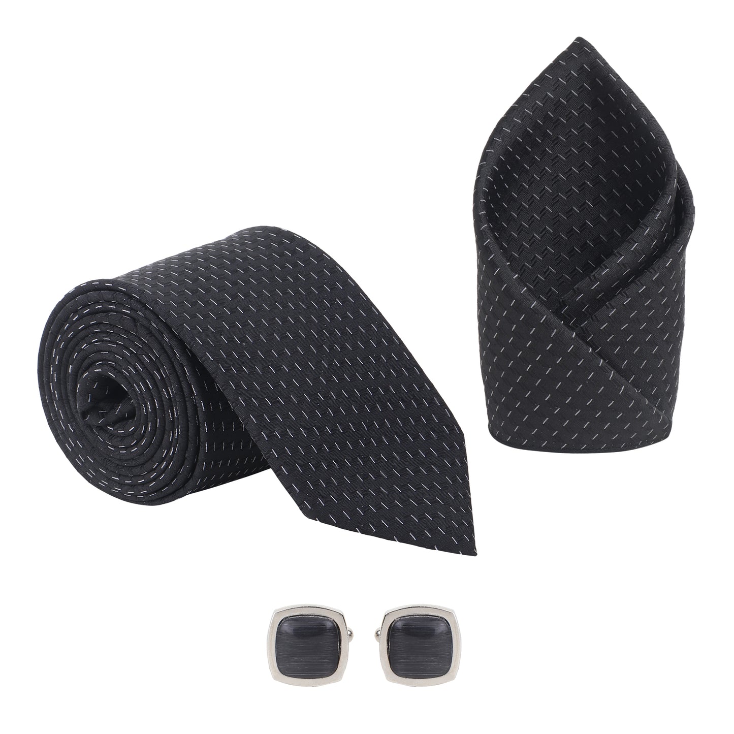 Kanthlangot Men’s 3-Piece Formal Set – Black Micro-Dash Tie, Pocket Square & Rounded Matte Black Cufflinks (3-Inch Necktie)