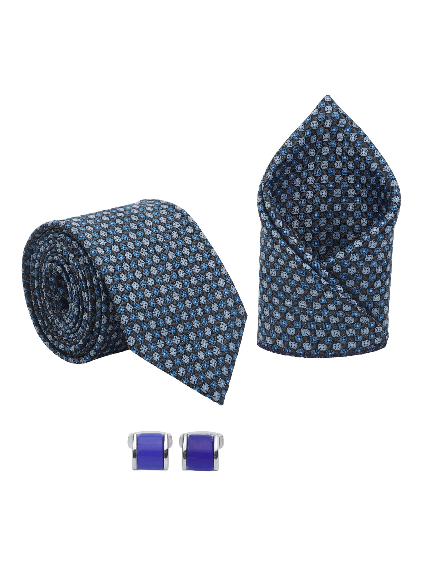 Elegant navy tie set with royal blue barrel cufflinks. A signature Kanthlangot pick for modern Indian men who dress sharp for every occasion.